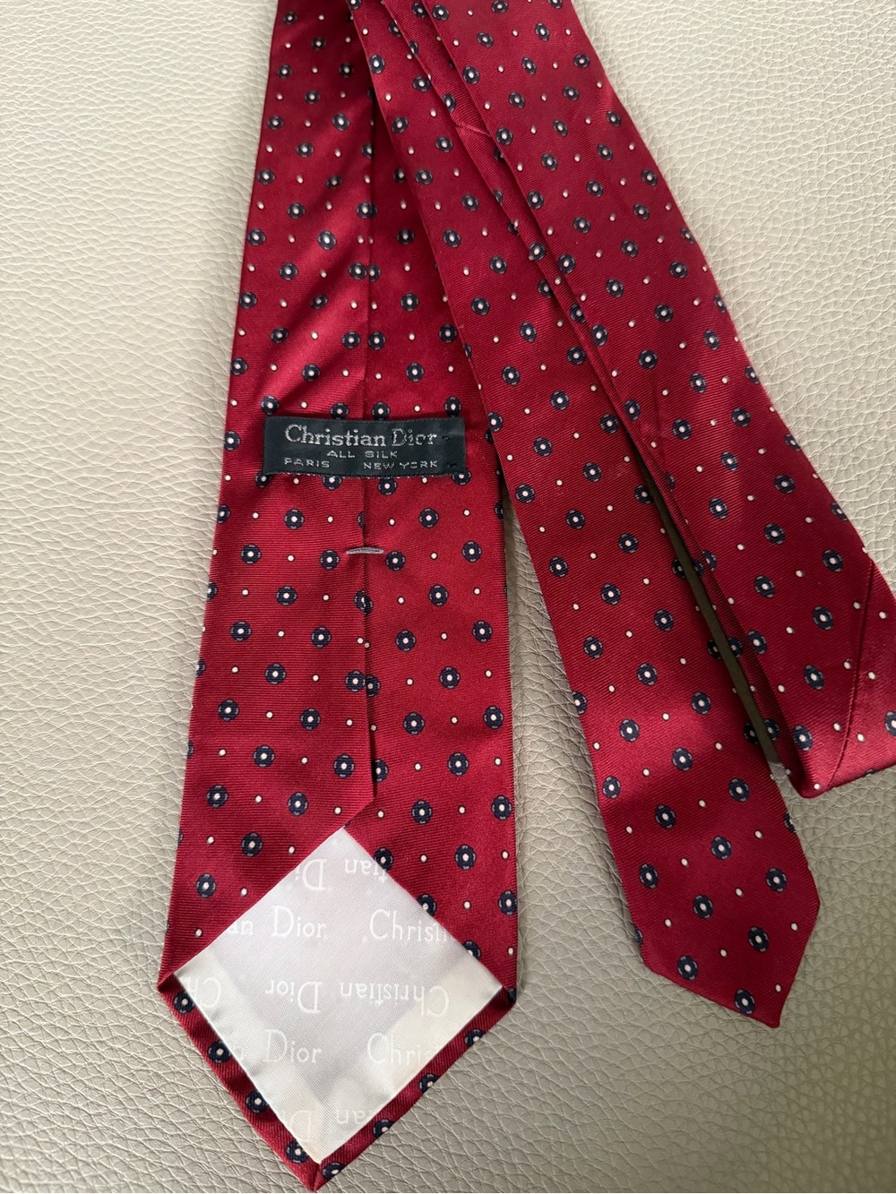 Christian Dior Burgundy Silk Tie with Navy and White Dot Motif